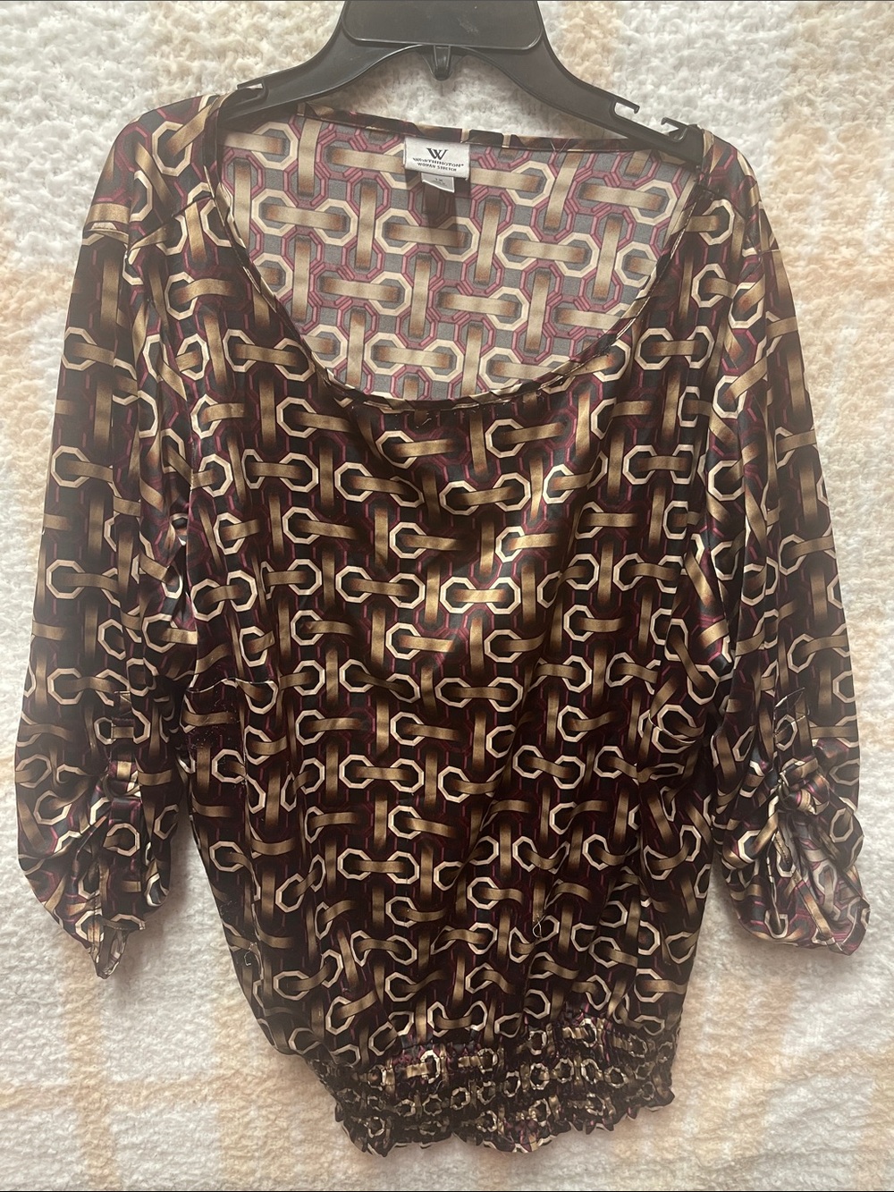 W by Worthington Woman Stretch Burgundy and Gold Chain-Print Blouse Women’s 1X